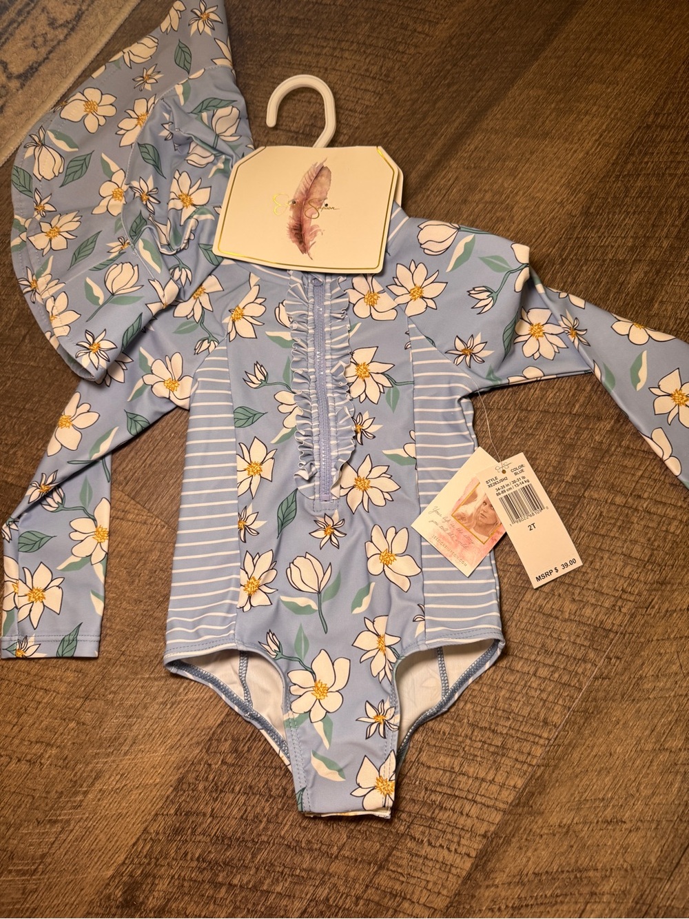 Jessica Simpson Light Blue Floral Long-Sleeve One-Piece Swimsuit with Hat